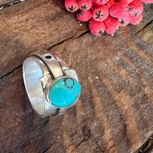 Native American Navajo Ring Blue Green Turquoise Wide Sterling Black Pyrite